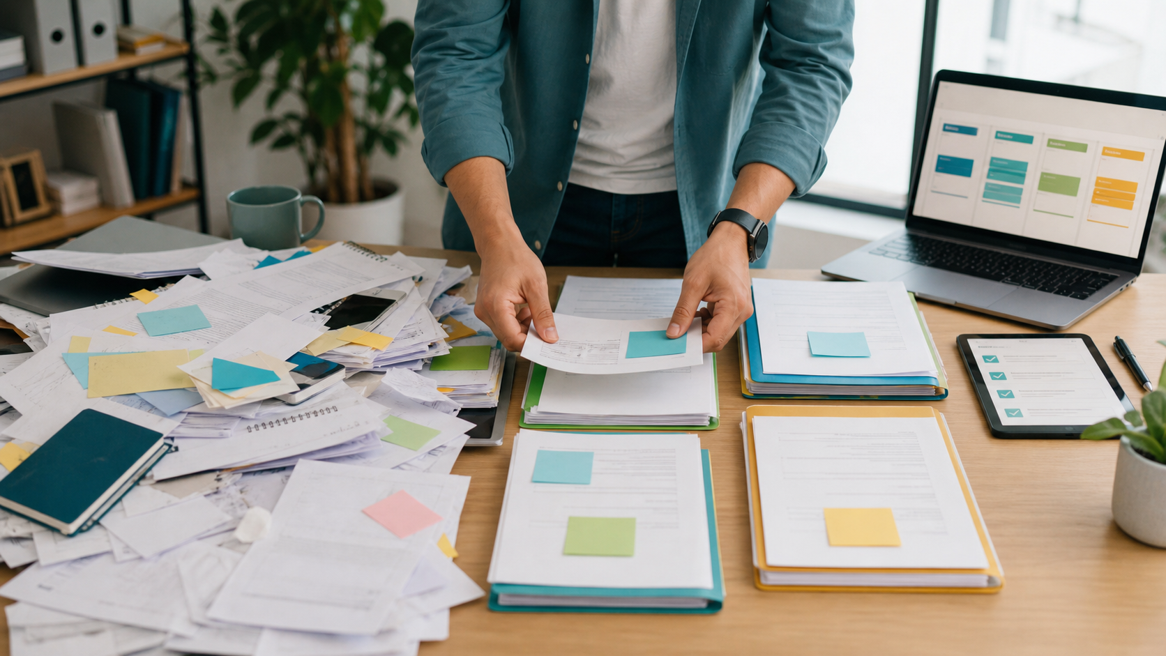 Carga administrativa con documentos, ordenador y tareas abiertas