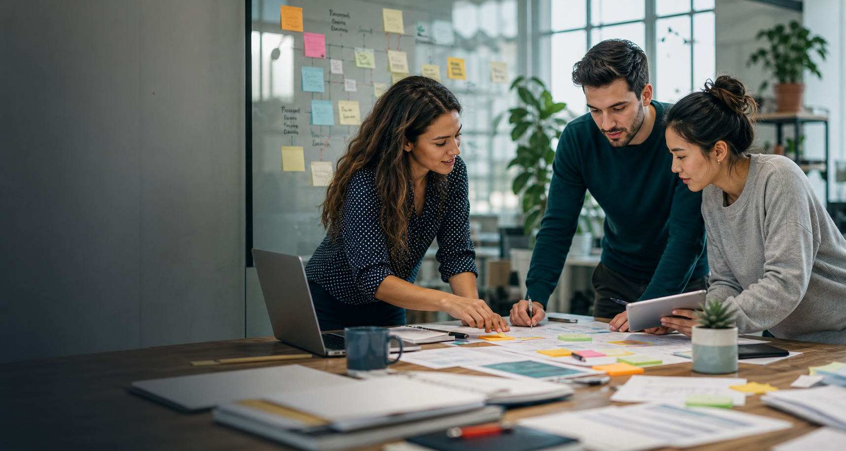 Equipo joven ordenando objetivos, tareas y prioridades en una oficina
